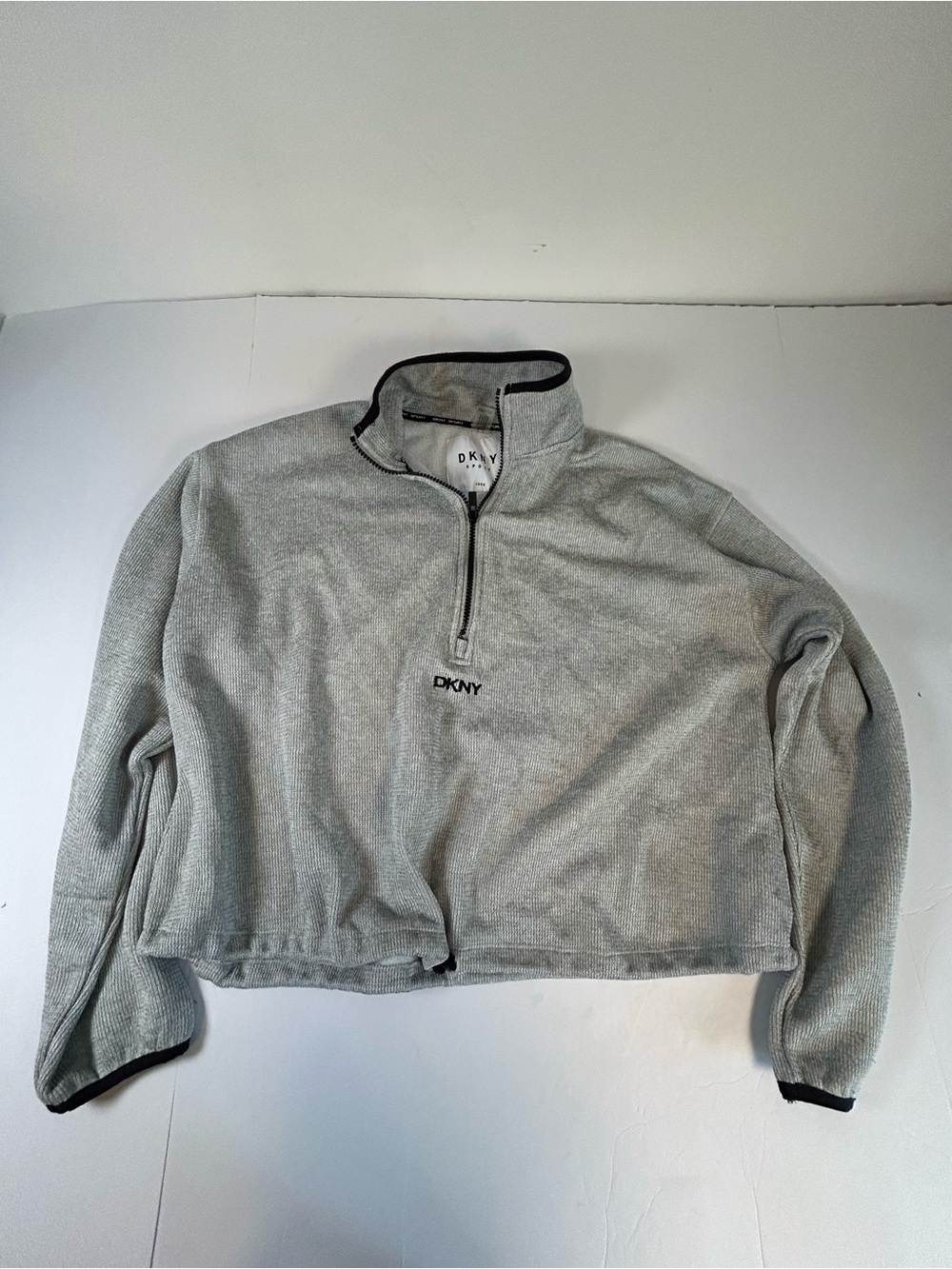 DKNY Light Gray V-Neck Half-Zip Sweater with Black Trim